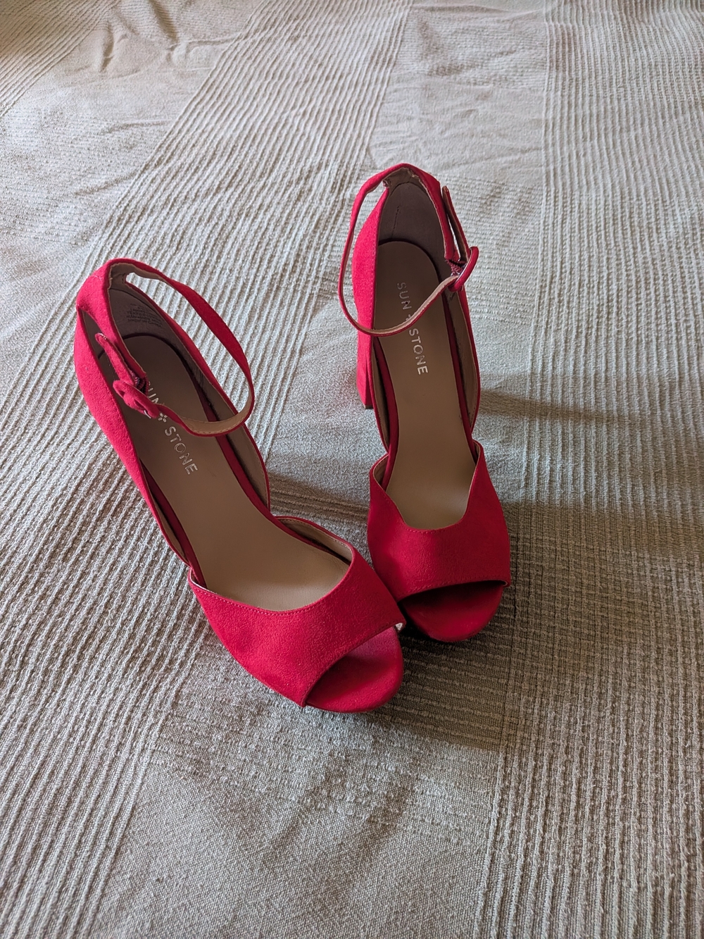 Sun + Stone Bright Red Peep-Toe Ankle Strap Heels